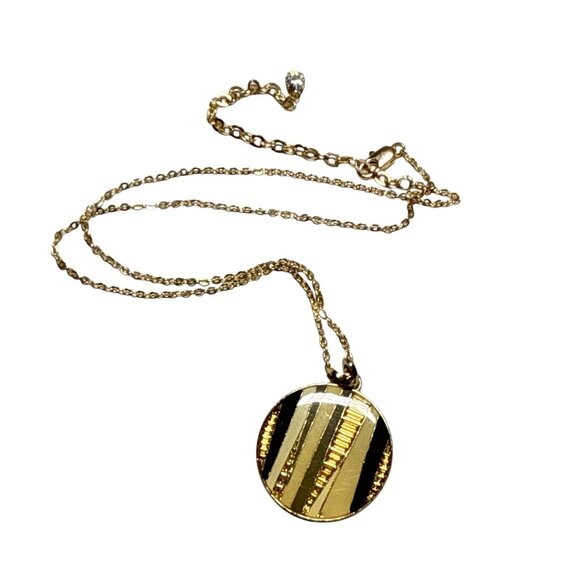 Gold Round Pendant Necklace with Geometric Striped Inlay Design for Women - Picture 7 of 7